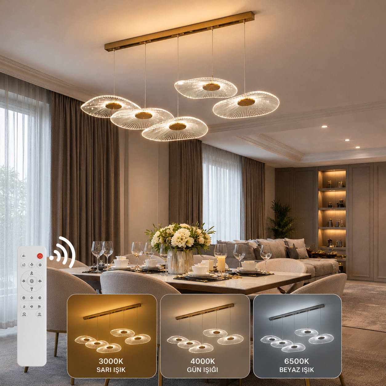 Kayra Lüks Modern 5'li 3 Renk Ledli Avize,Yemek Masası,Bar Üstü,Villa Dekor