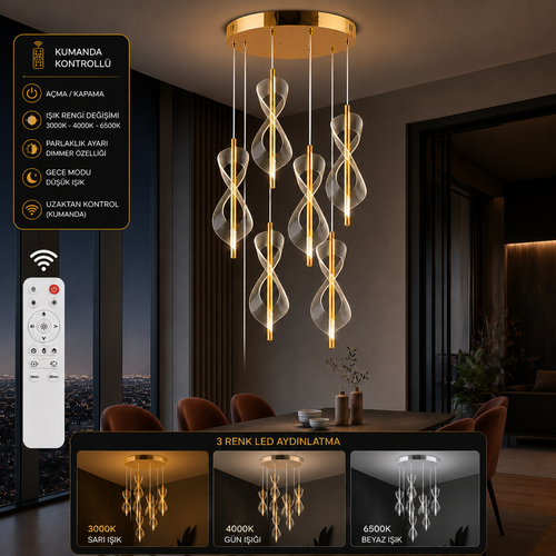 Alya Lüks Modern 6'lı 3 Renk Kumandalı Ledli Avize