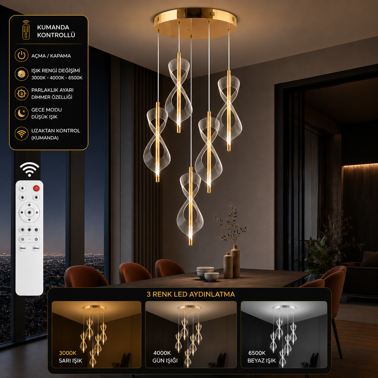 Alya Lüks Modern 5'li 3 Renk Kumandalı Ledli Avize