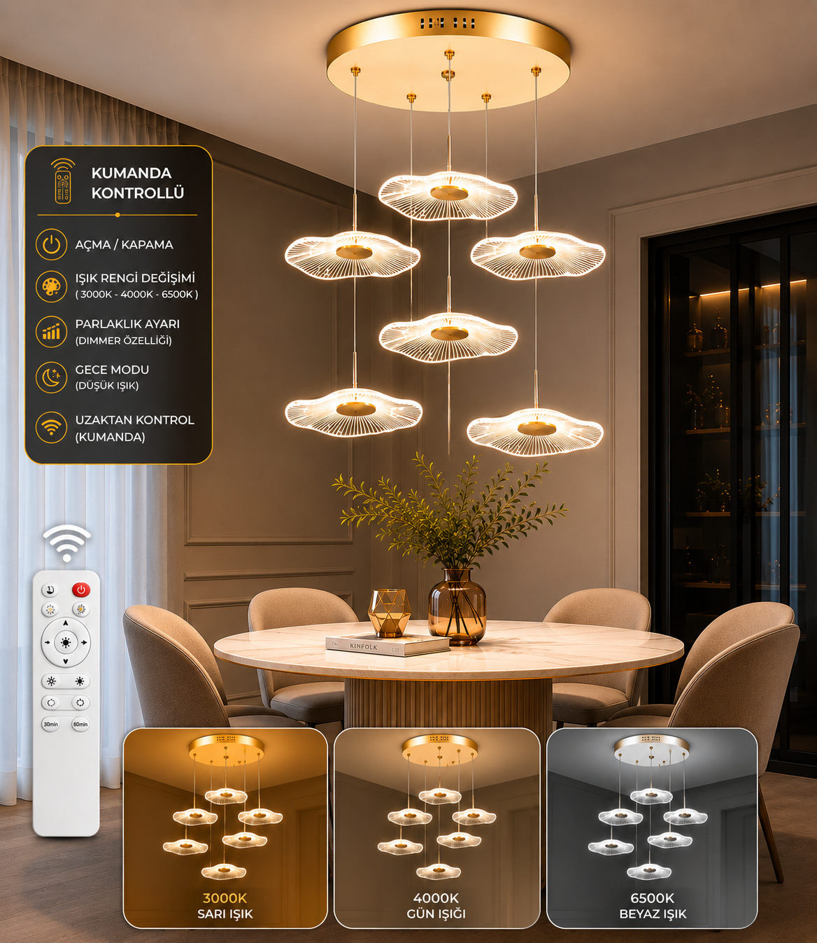 Kayra Lüks Modern 6'lı 3 Renk Kumandalı Ledli Avize