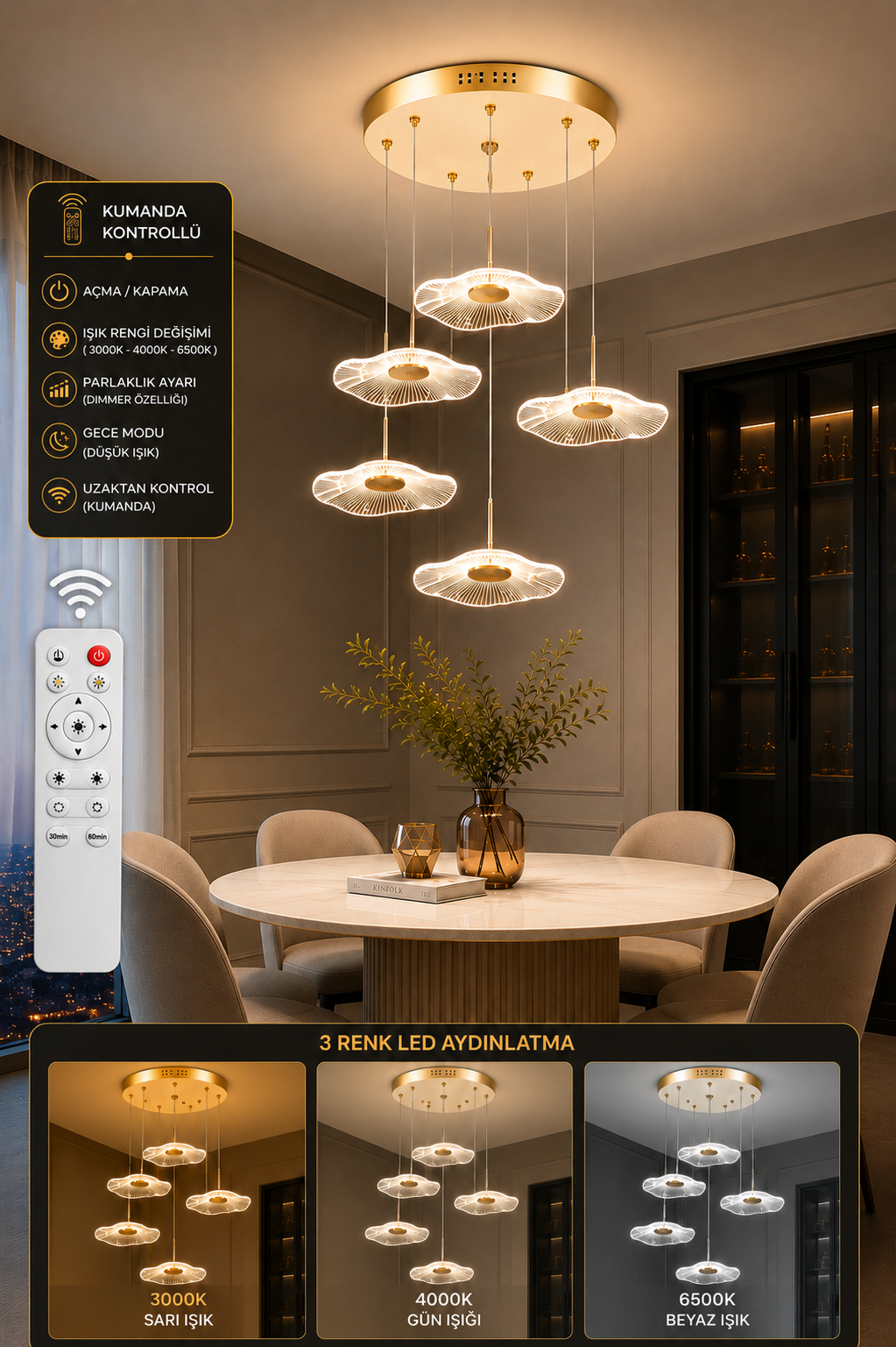 Kayra Lüks Modern 5'li 3 Renk Kumandalı Ledli Avize