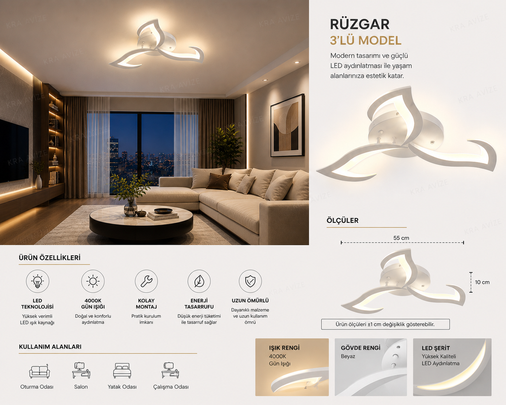 Rüzgar Beyaz Plafonyer Lüks Modern 3'lü Günışığı Ledli Avize