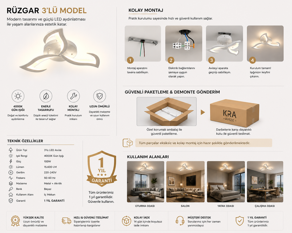 Rüzgar Beyaz Plafonyer Lüks Modern 3'lü Günışığı Ledli Avize