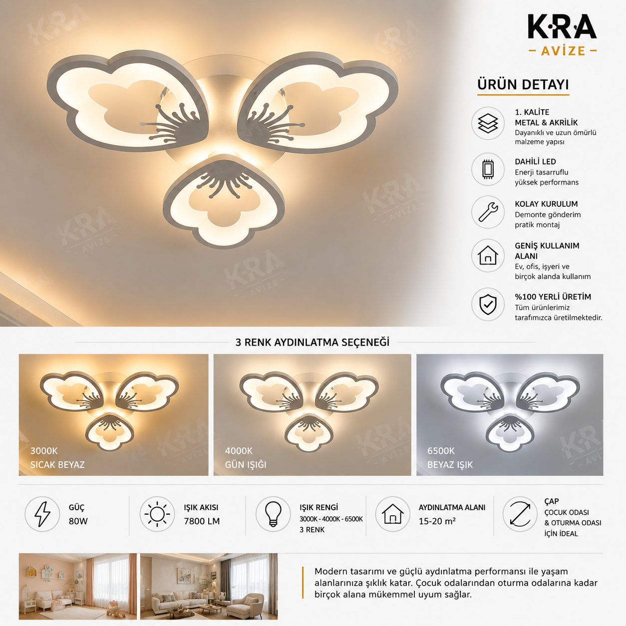 KRA Avize Butterfly 3’lü Modern 3 Renk Led Plafonyer Avize
