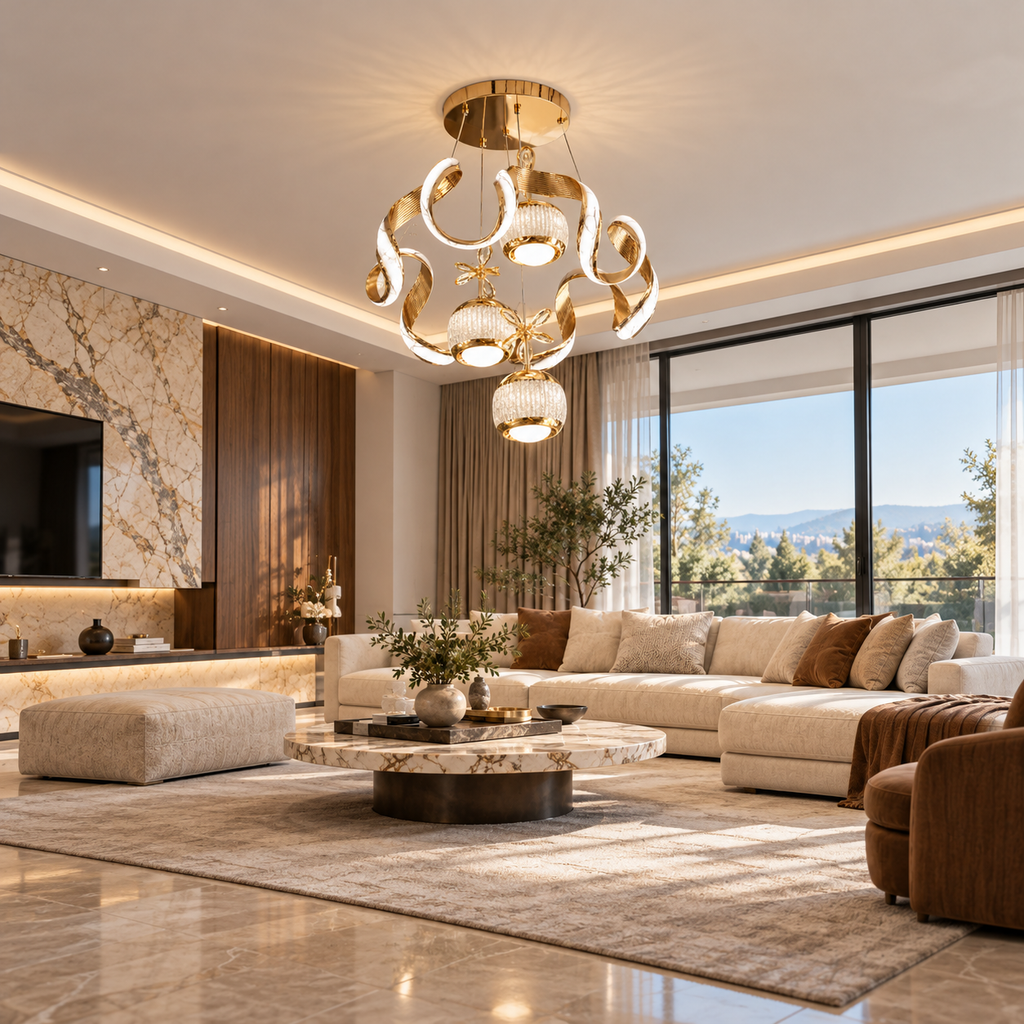KRA Avize Velora Gold Seramik LED Sarkıt Avize – Salon ve Oturma Odası Modern Lüks Avize