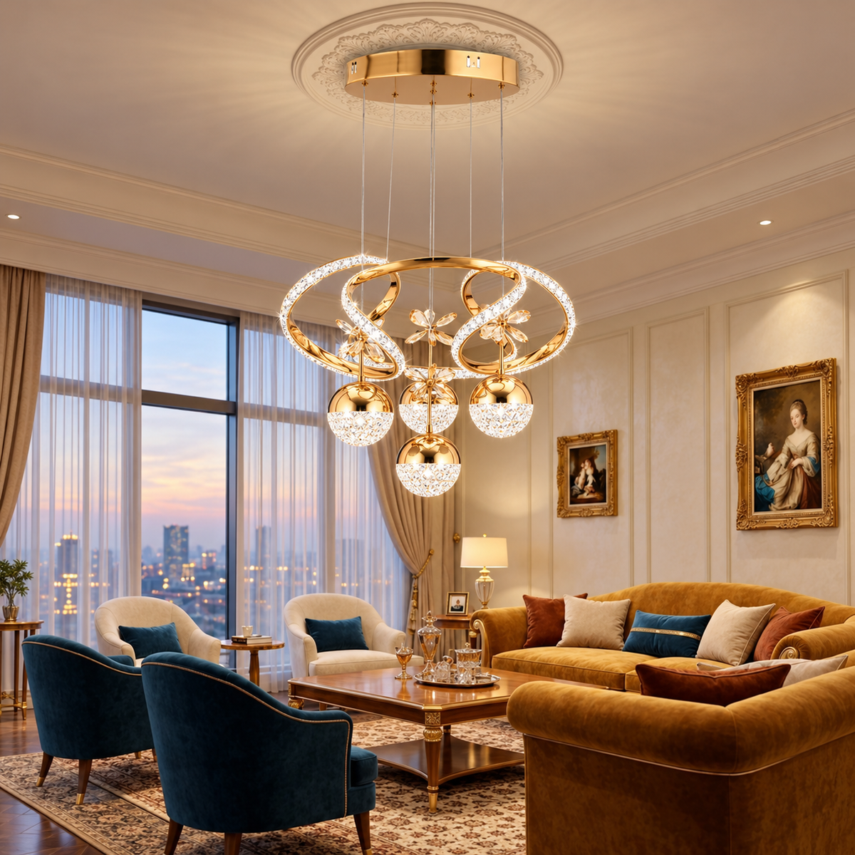 Kra Avize Hâle Gold Kristal 3 Renk LED Avize – Sarkıtlı Modern Tasarım