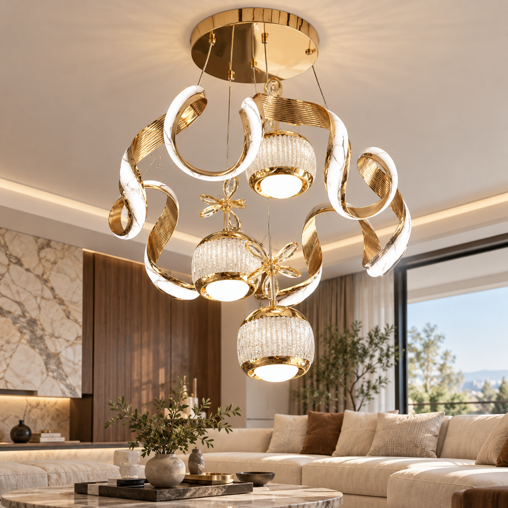 KRA Avize Velora Gold Seramik LED Sarkıt Avize – Salon ve Oturma Odası Modern Lüks Avize
