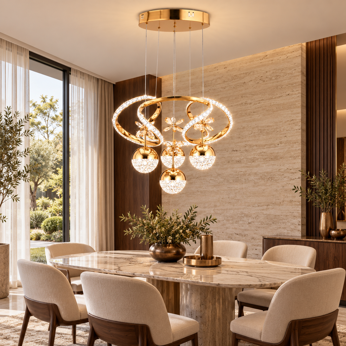Kra Avize Hâle Gold Kristal 3 Renk LED Avize – Sarkıtlı Modern Tasarım