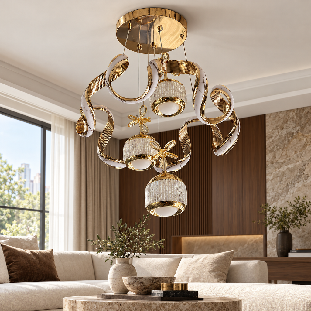 KRA Avize Velora Gold Seramik LED Sarkıt Avize – Salon ve Oturma Odası Modern Lüks Avize