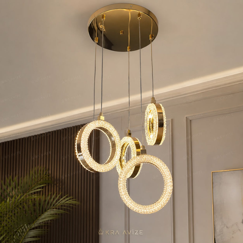 Elora 4'lü Modern Kristal Taşlı LED Sarkıt Avize – Kumandalı, Dimmerli, Gece Modlu