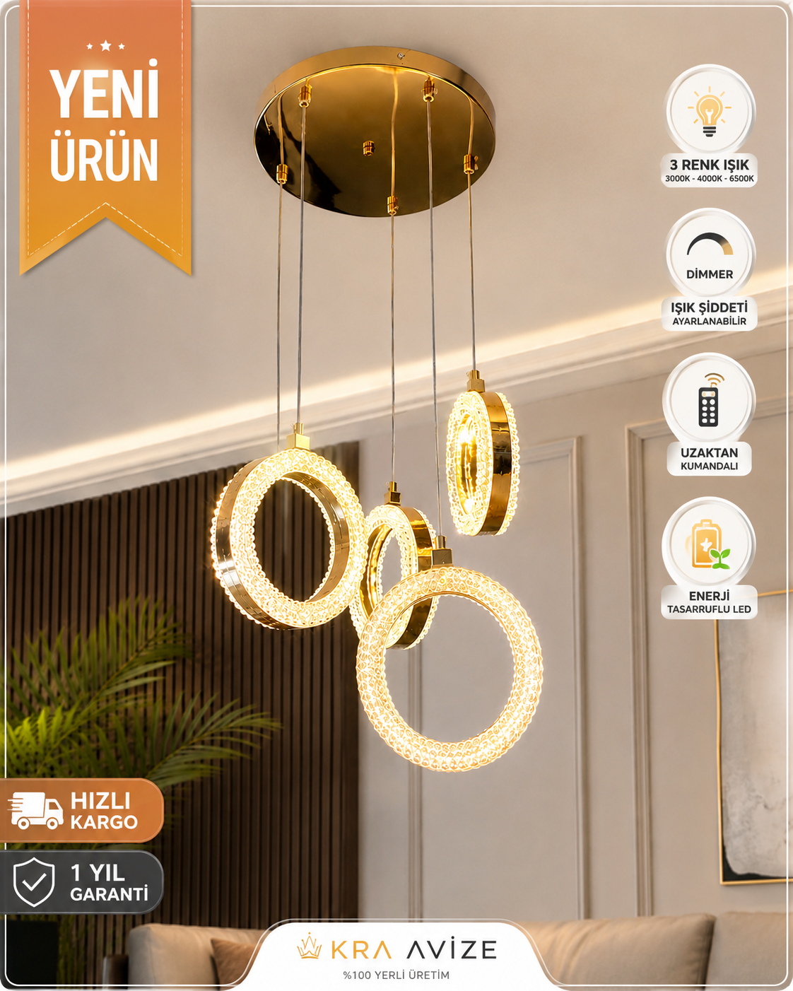 Elora 4'lü Modern Kristal Taşlı LED Sarkıt Avize – Kumandalı, Dimmerli, Gece Modlu