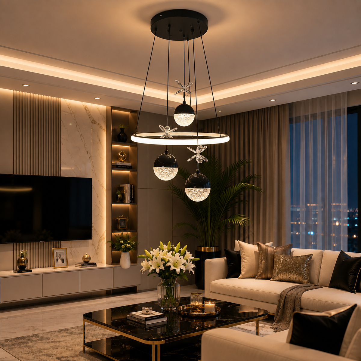 Lilya Modern LED Sarkıt Avize – 3 Renk Kumandalı, Dimmerli, Gece Modlu