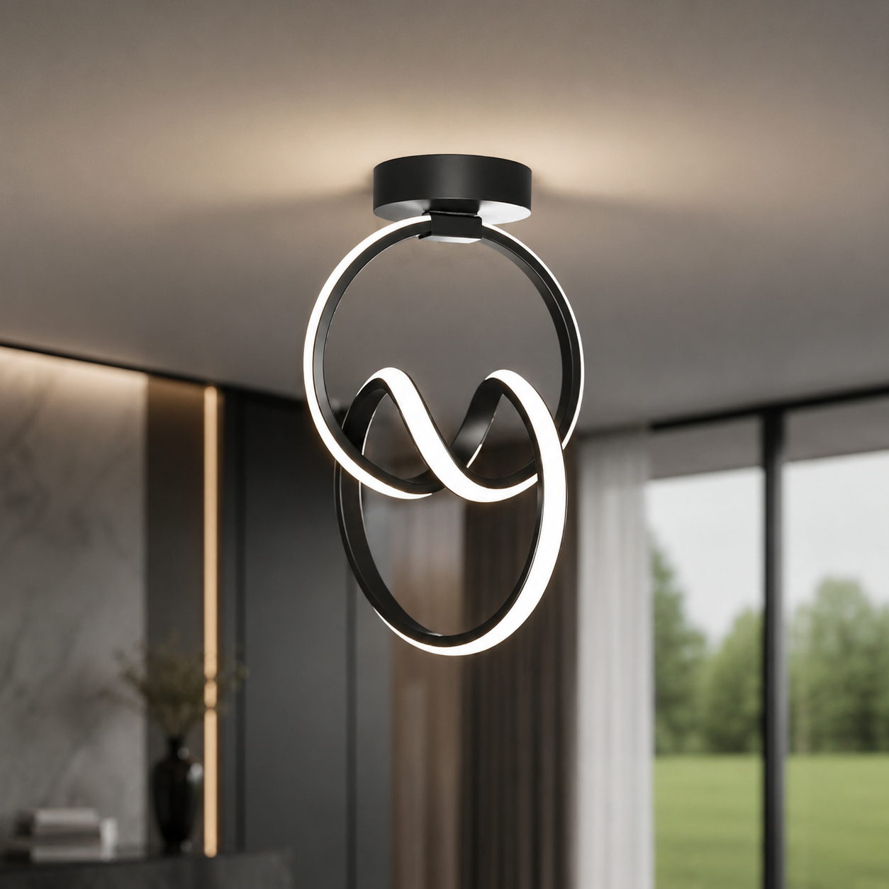 Kordelya Siyah Plafonyer Modern Ultra Beyaz Ledli Avize