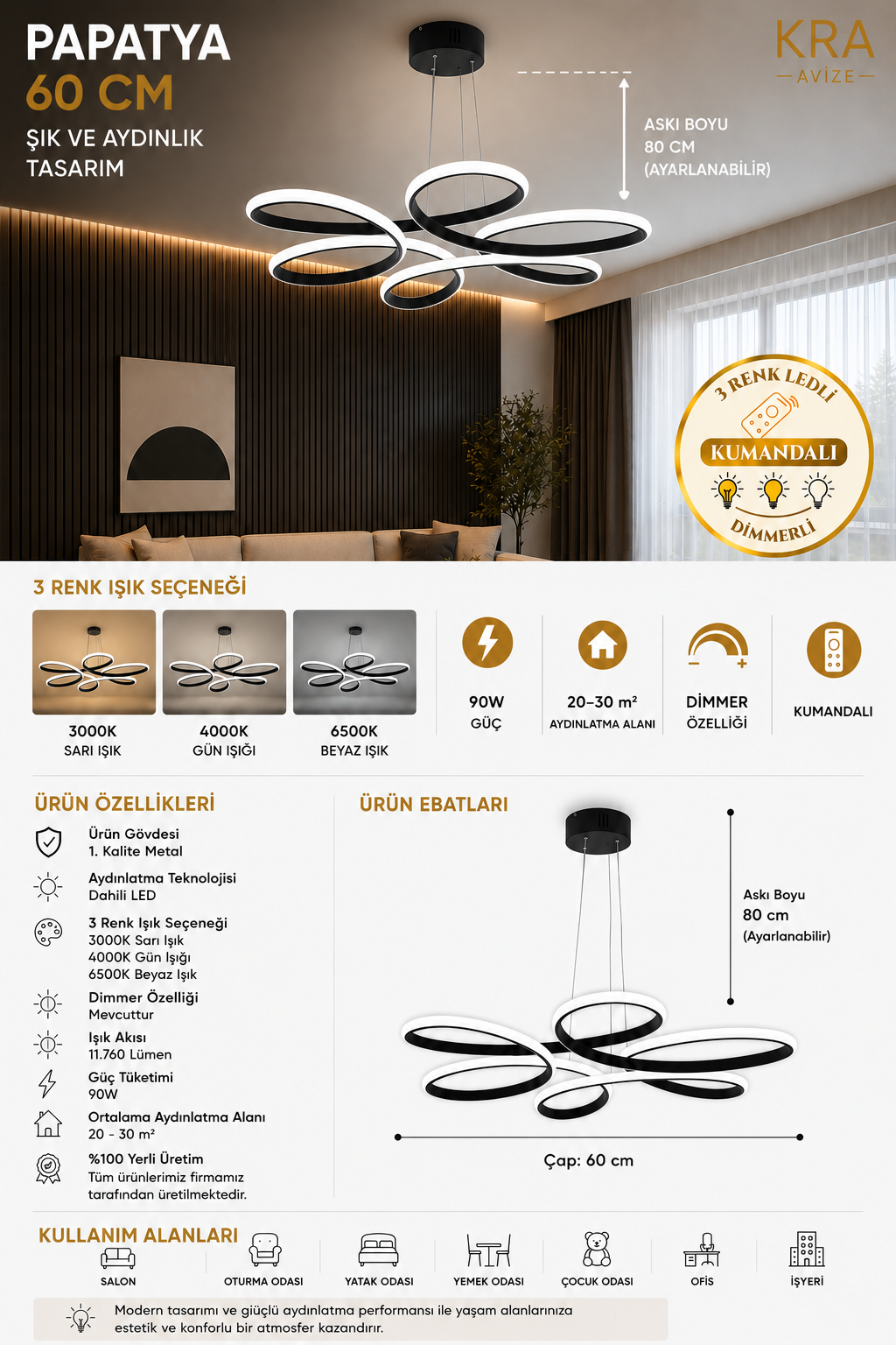 Papatya Siyah 3 Renk Ultra Ledli Sarkıtma Modern Avize
