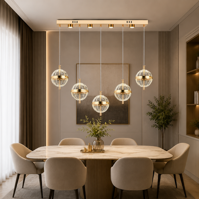 Orbis 5'Li 3 Renk Kumandalı Modern LED Sarkıt Avize Gold Küre Masa Üstü, Bar üstü , Galeri boşluğu