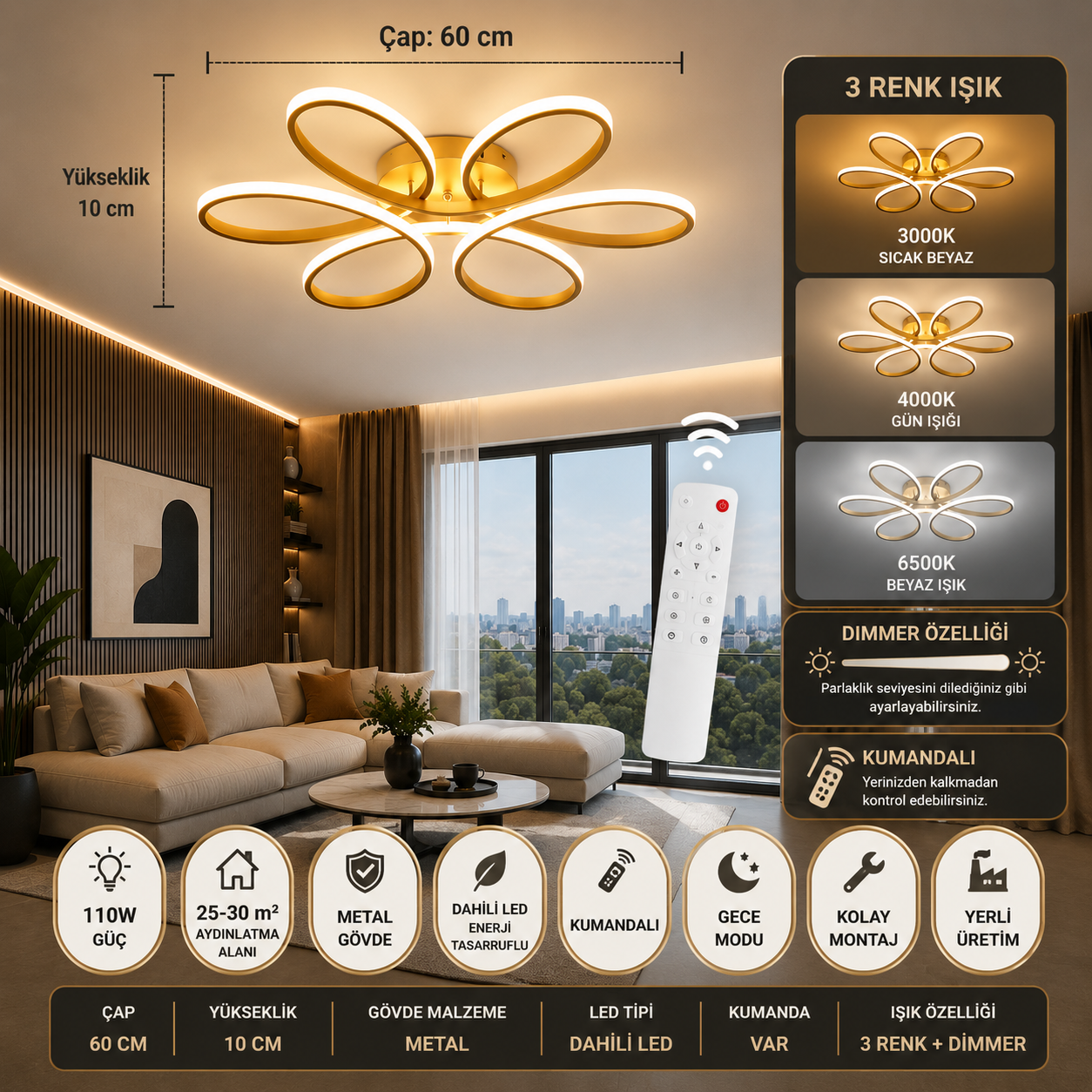 Papatya Gold 3 Renk Kumandalı Ultra Süper Ledli Plafonyer Avize