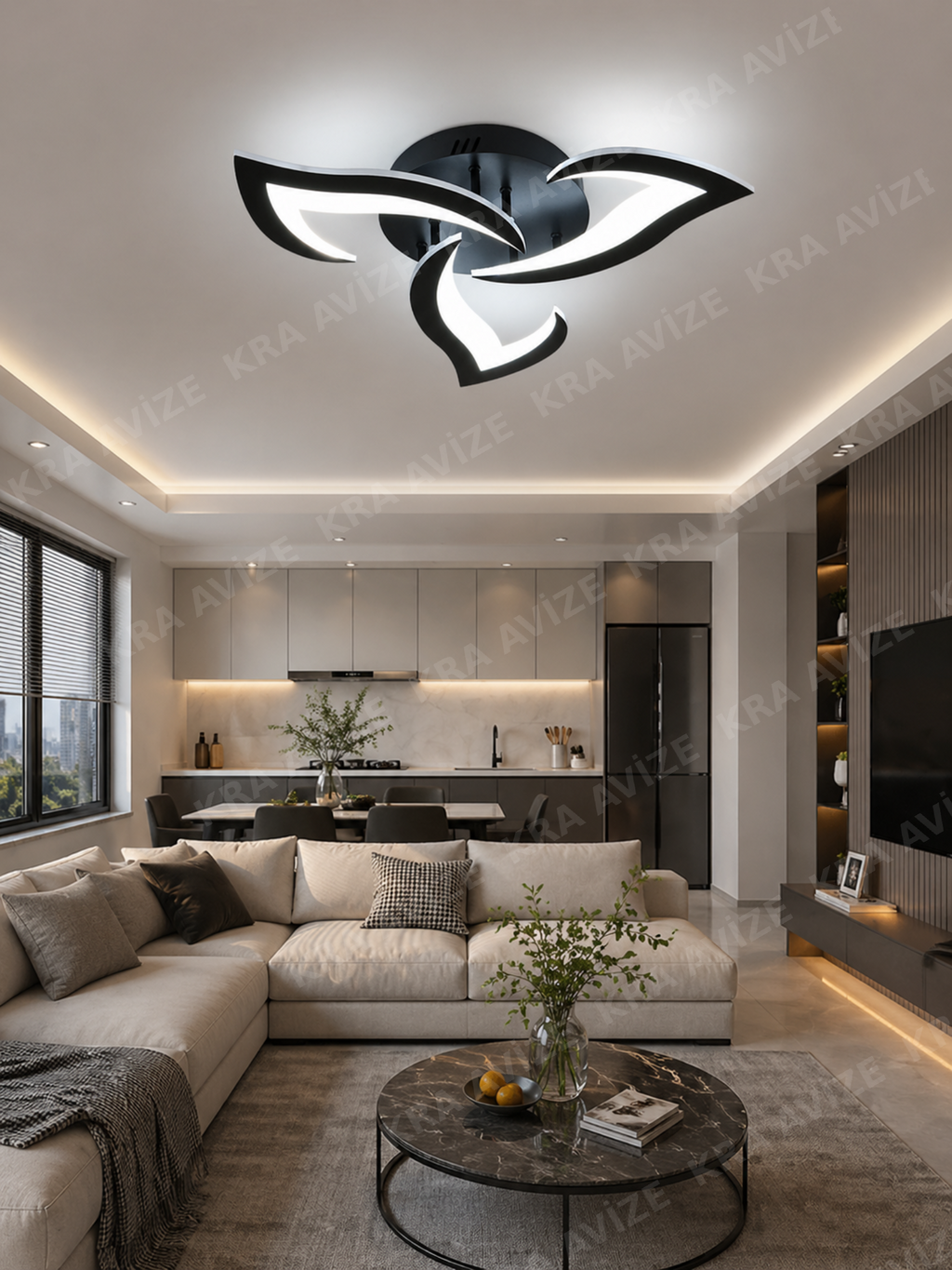 Rüzgar Siyah Plafonyer Lüks Modern 3'Lü Beyaz Ledli Avize