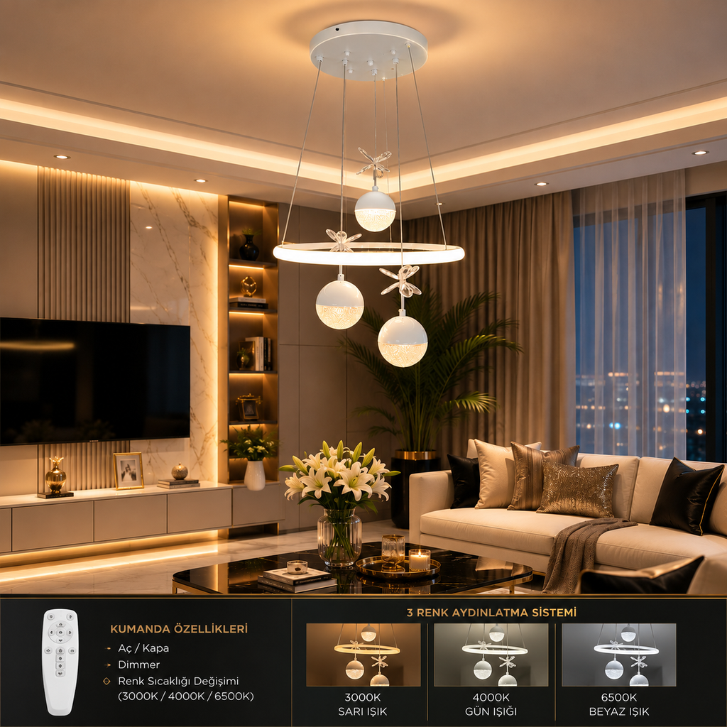 Lilya Modern LED Sarkıt Avize – 3 Renk Kumandalı, Dimmerli, Gece Modlu