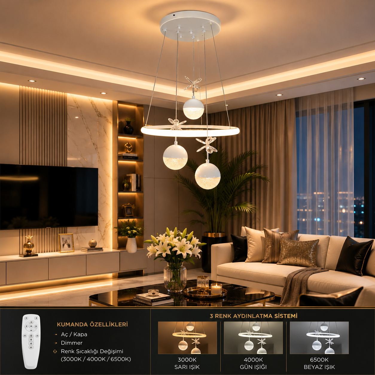 Lilya Modern LED Sarkıt Avize – 3 Renk Kumandalı, Dimmerli, Gece Modlu