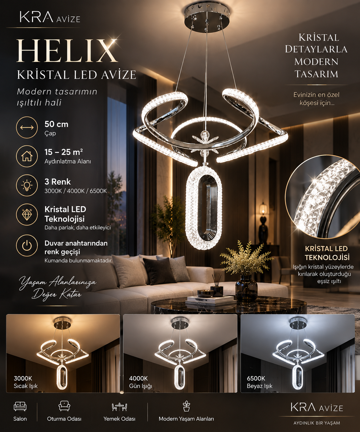 KRA Helix Kristal LED Avize 50 cm – 3 Renk Modern Salon Avizesi