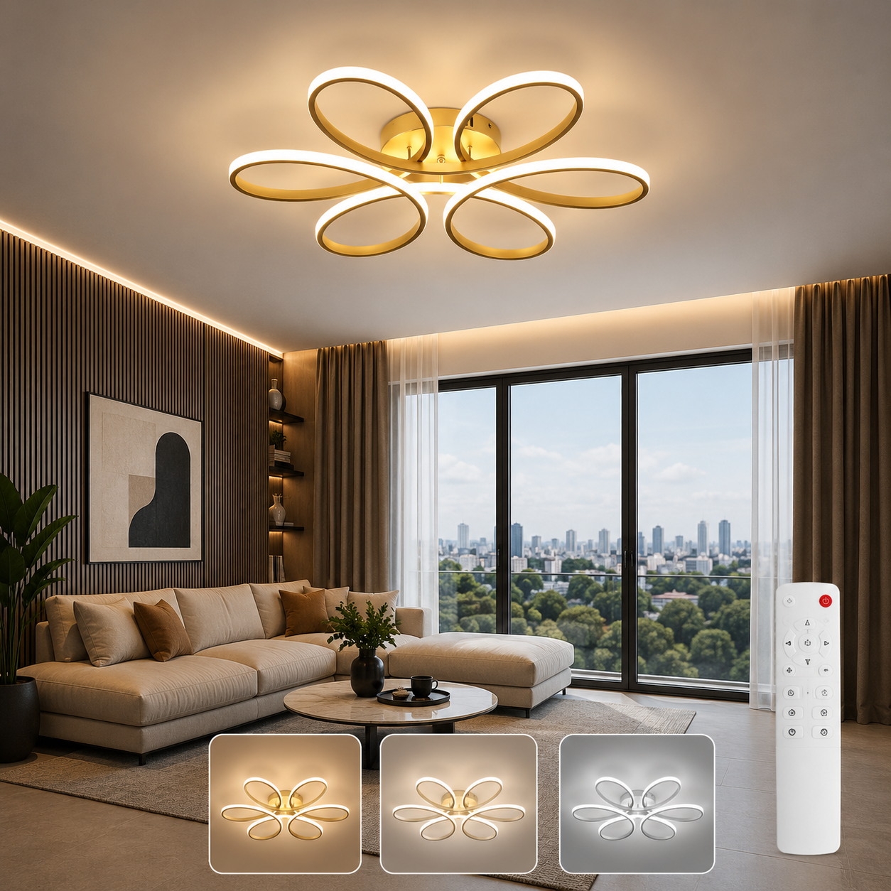 Papatya Gold 3 Renk Kumandalı Ultra Süper Ledli Plafonyer Avize